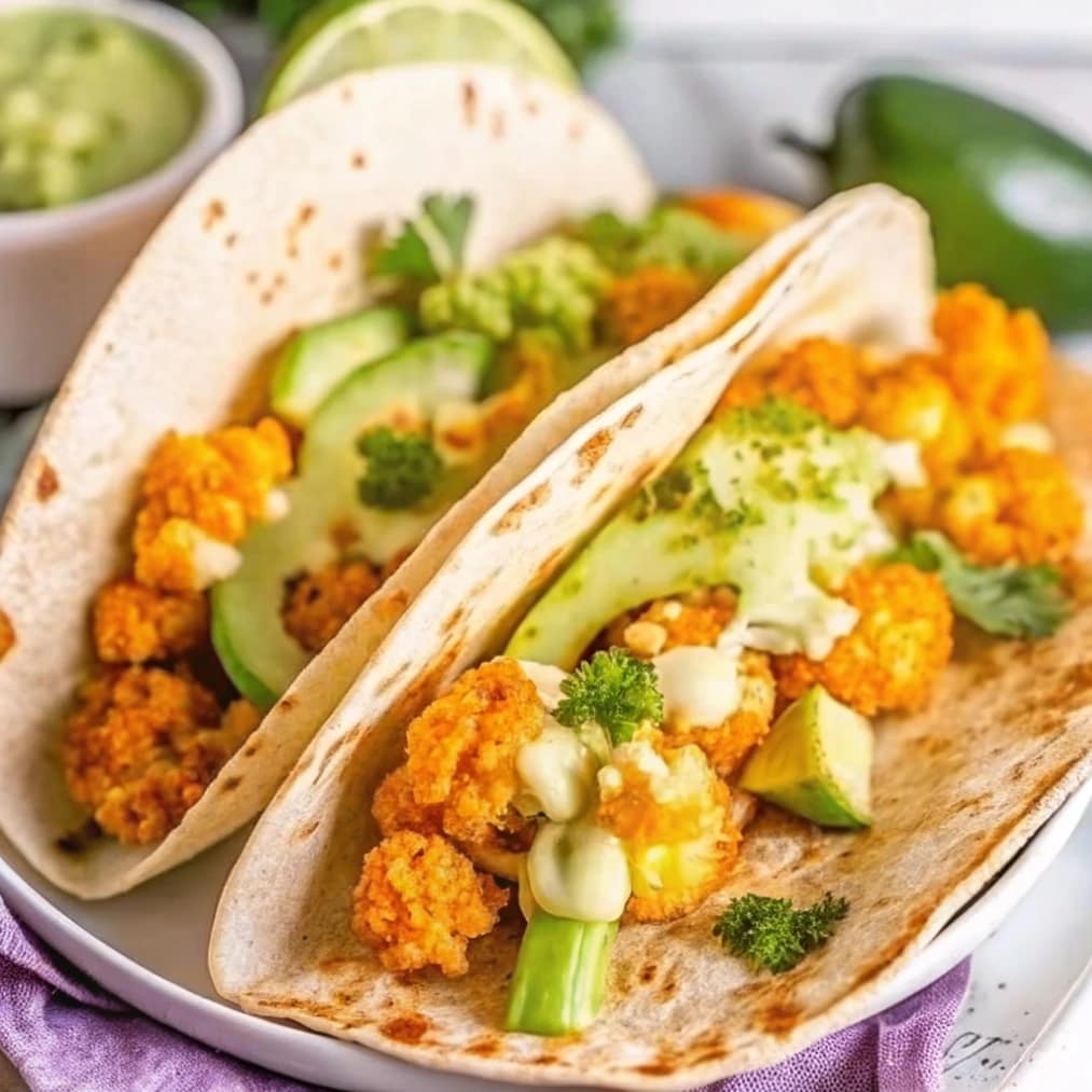 Healthy buffalo cauliflower wrap sliced in half, showing spicy roasted cauliflower, avocado, and cilantro in a tortilla.