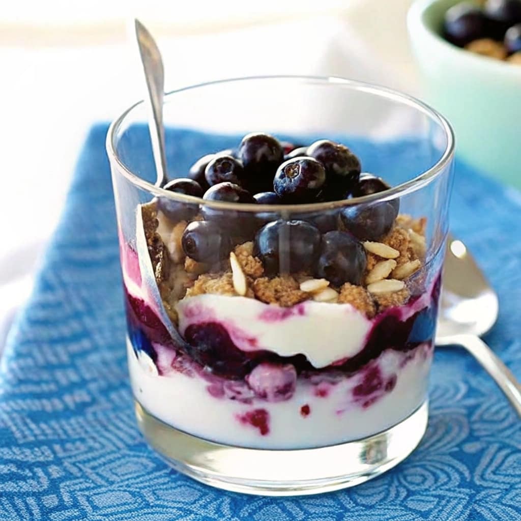 Blueberry Greek yogurt parfait layered with granola and honey in a clear glass