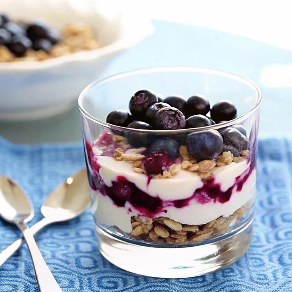 A layered blueberry Greek yogurt parfait in a clear glass, showing thick layers of Greek yogurt, fresh blueberries, and crunchy granola. The colors are vibrant, with a creamy white yogurt base, deep blue berries, and golden granola on top.