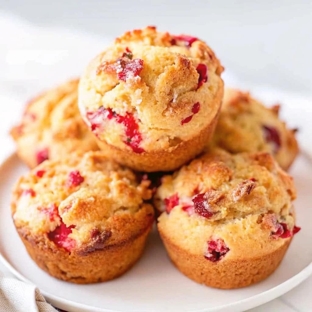 Freshly baked cranberry orange muffins with a sweet glaze and orange zest garnish on a wooden board.