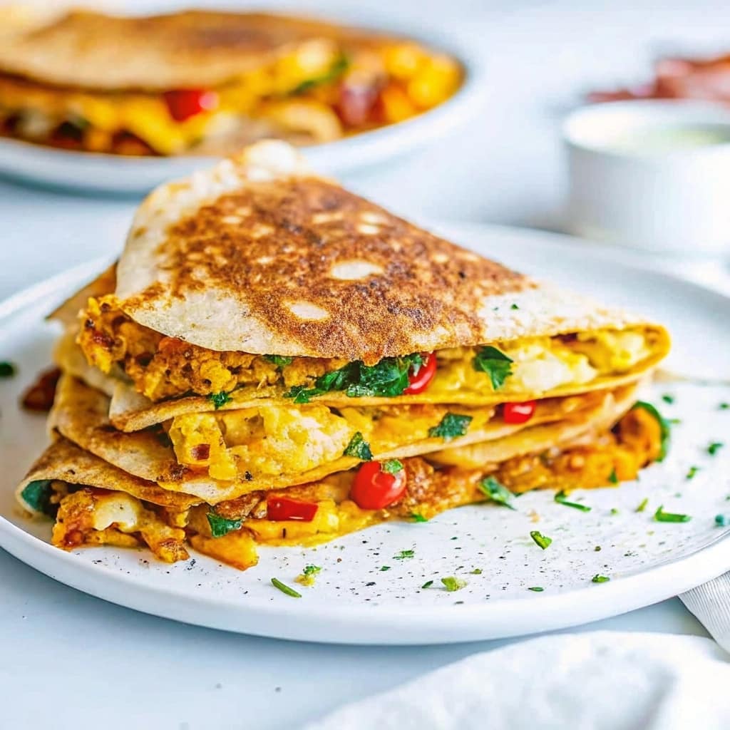 Crispy vegan breakfast quesadillas with tofu scramble and melted cheese on a white plate