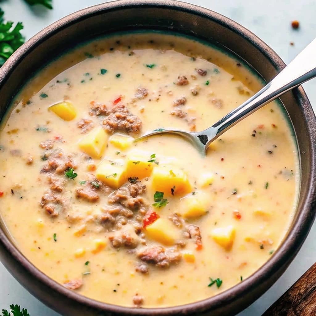 A bowl of creamy sausage and potato soup garnished with chopped chives, showing browned sausage pieces, potato chunks, and smooth broth — warm and inviting.