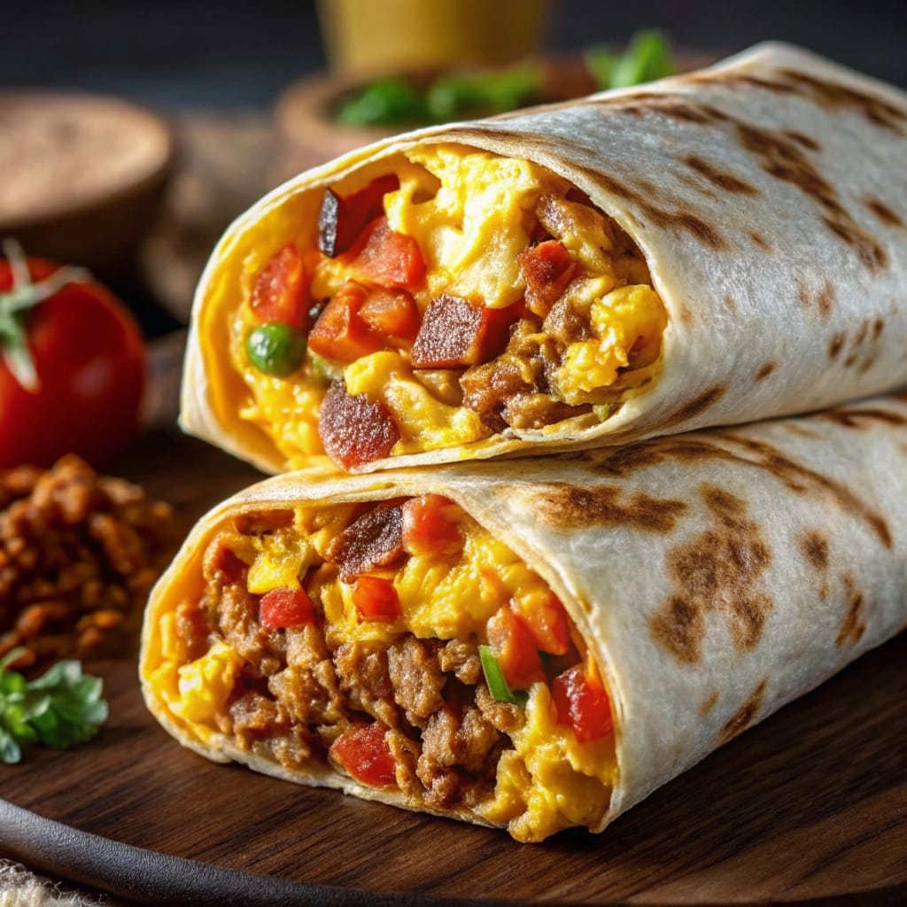 A golden-brown cowboy breakfast burrito on a plate, sliced in half to show the filling of sausage, eggs, potatoes, and cheese.
