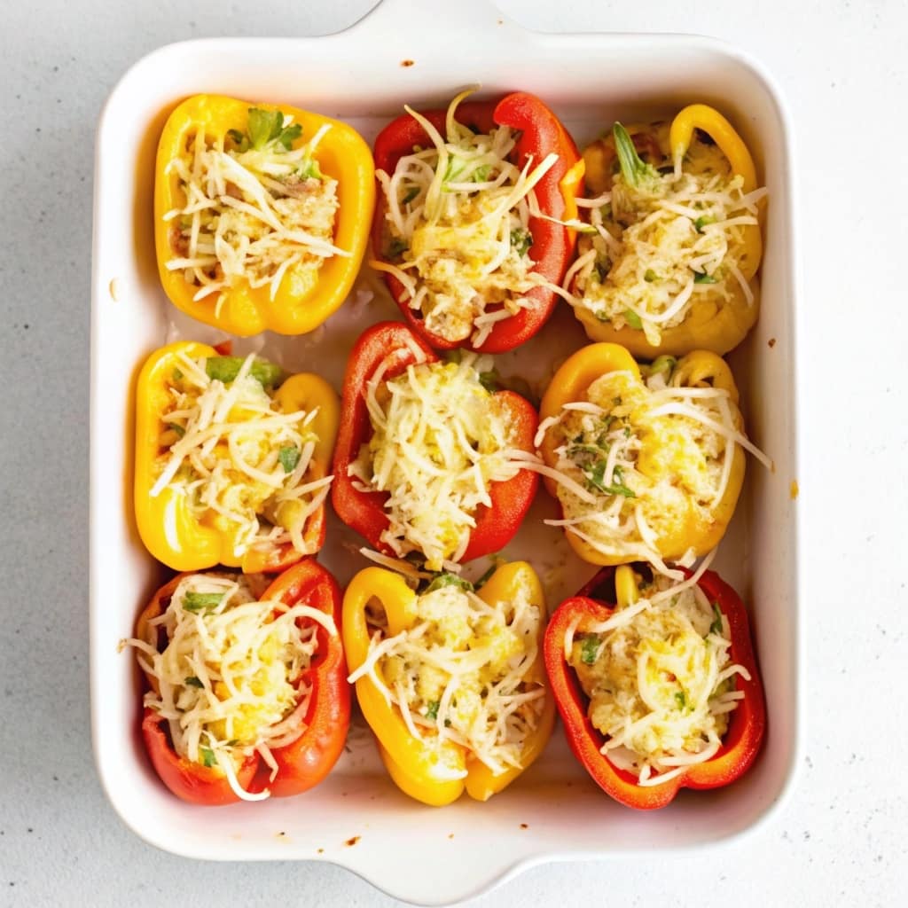 A baking dish filled with cheesy chicken and rice stuffed bell peppers, topped with crackers and parsley.