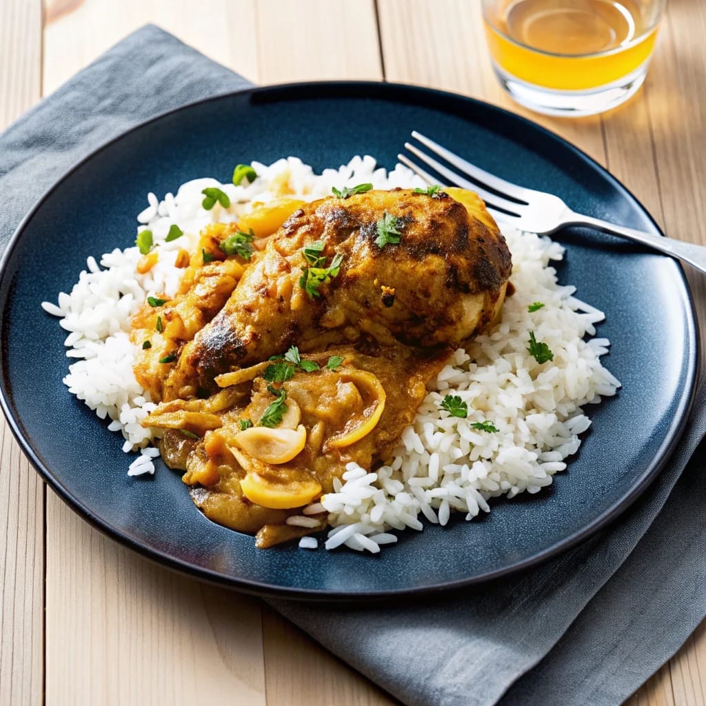 A skillet of creamy Smothered Chicken and Rice, showing golden chicken thighs nestled in fluffy rice and a rich mushroom gravy, garnished with parsley.