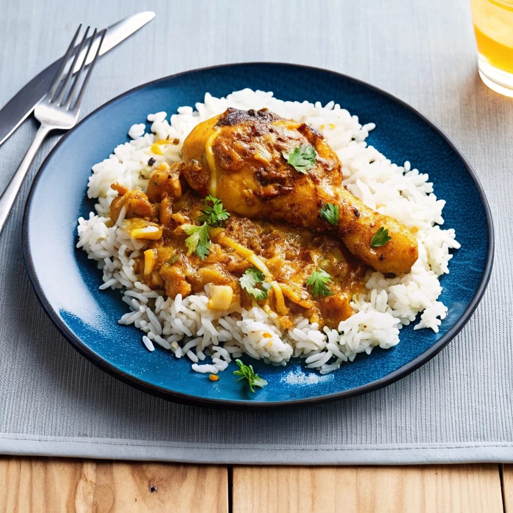 A skillet of creamy Smothered Chicken and Rice, showing golden chicken thighs nestled in fluffy rice and a rich mushroom gravy, garnished with parsley.