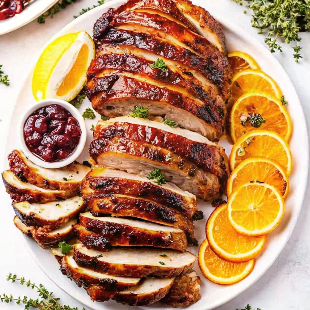 A golden brown honey baked turkey breast resting on a cutting board, glistening with glaze.