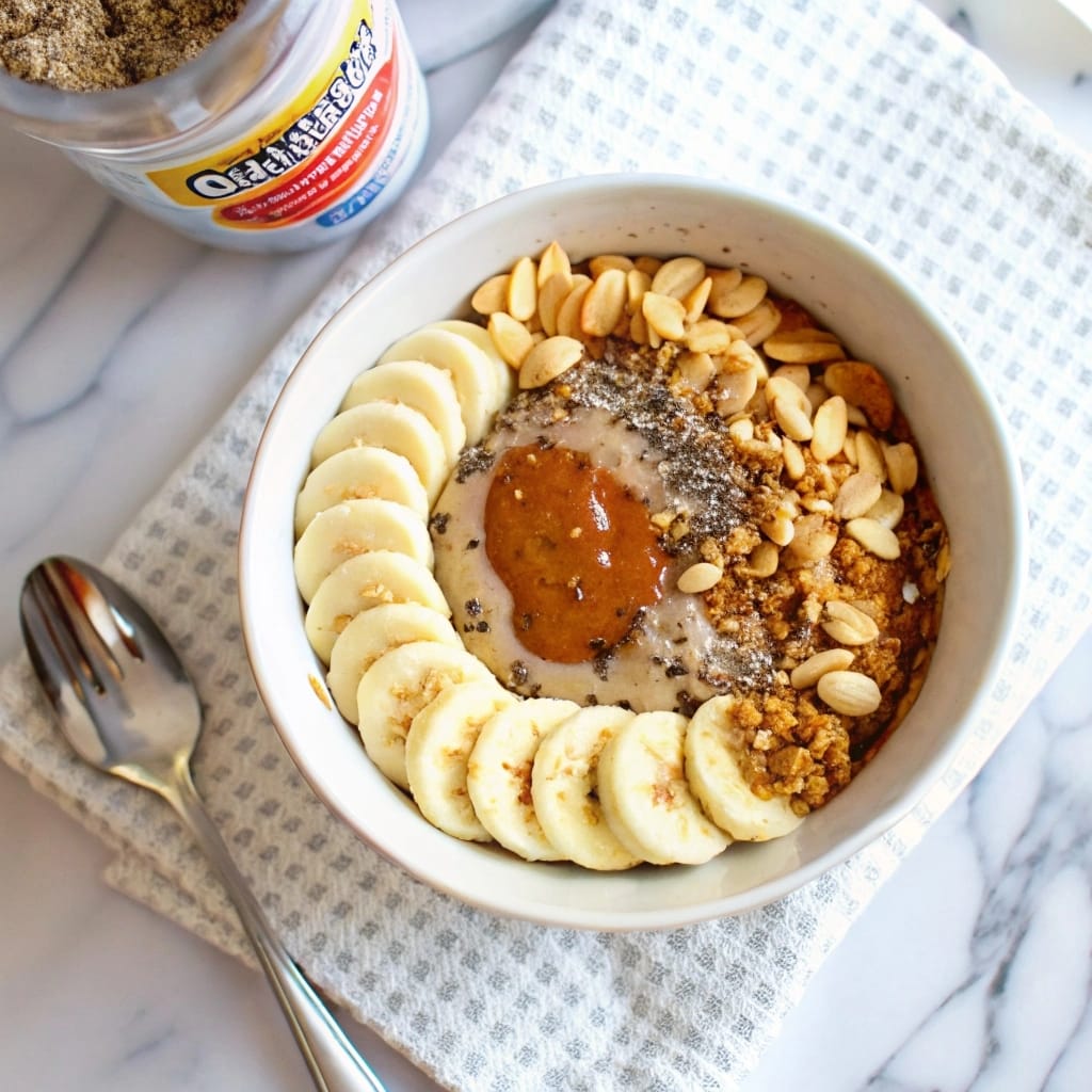 warm bowl of creamy almond butter oatmeal topped with banana, berries, and a drizzle of almond butter.