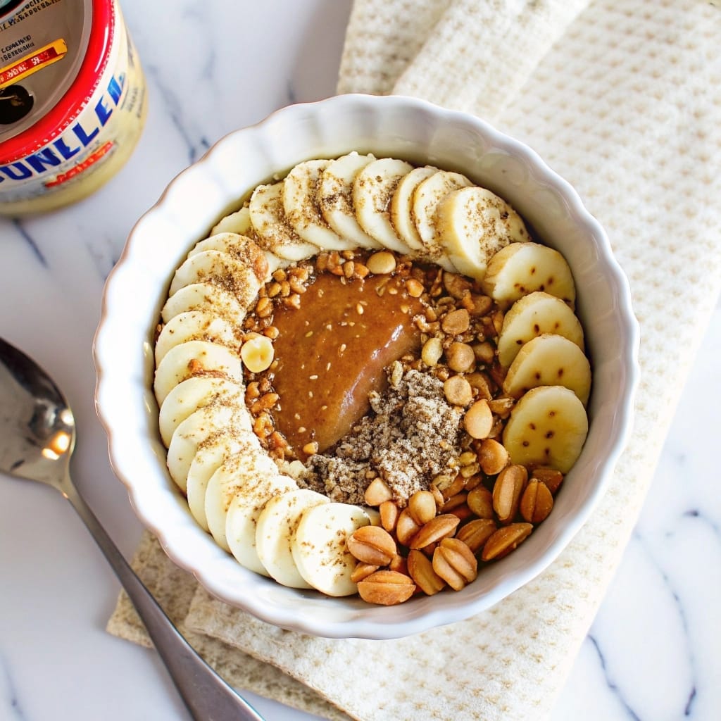 warm bowl of creamy almond butter oatmeal topped with banana, berries, and a drizzle of almond butter.