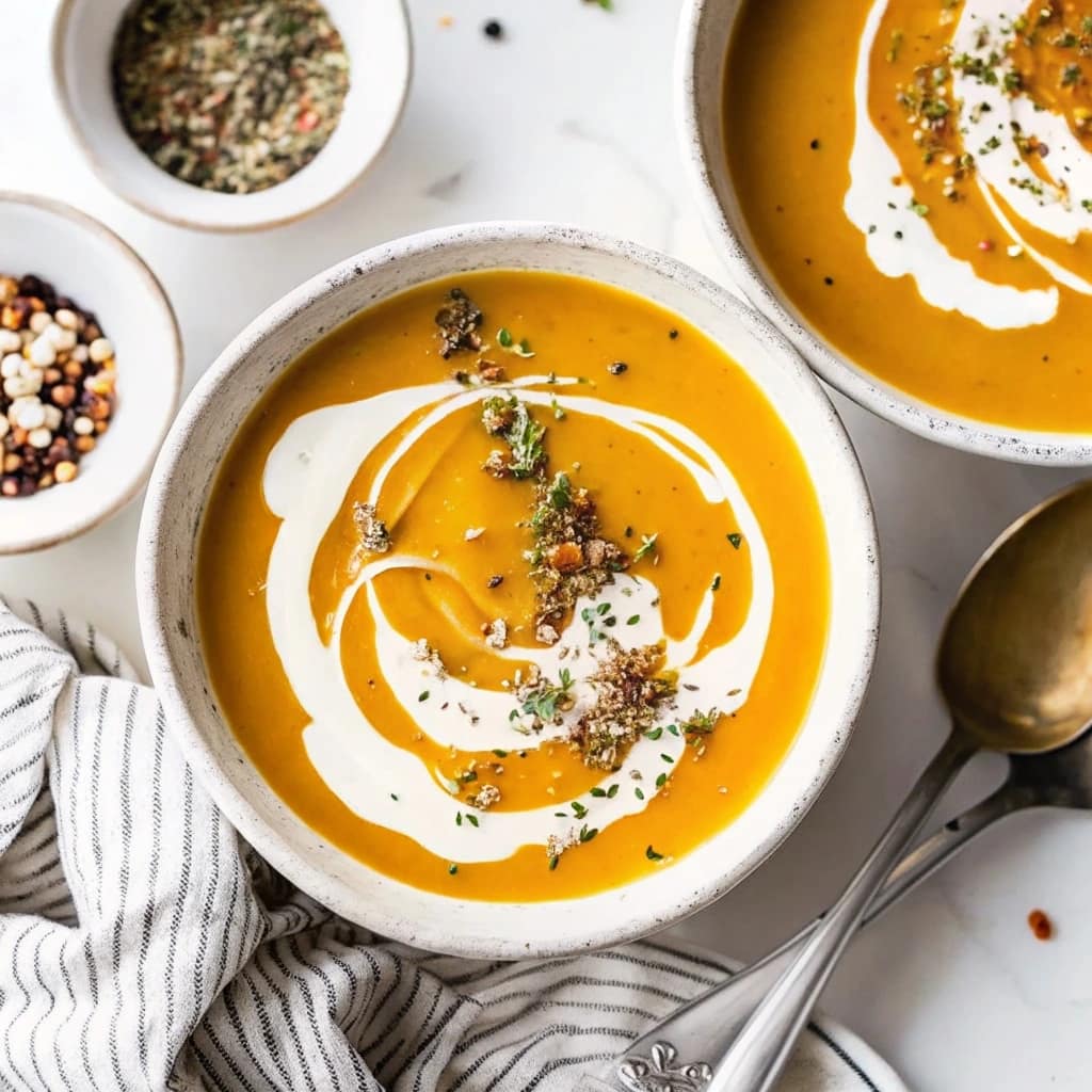 A bowl of creamy vegan butternut squash soup garnished with coconut milk swirl and toasted pumpkin seeds.