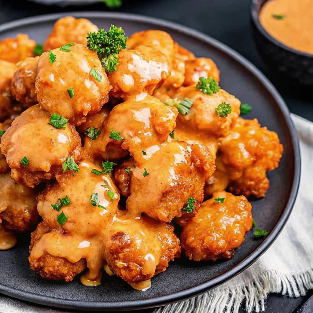A close-up of crispy golden Bang Bang chicken tenders coated in a creamy white and red sauce, garnished with parsley, on a dark plate.