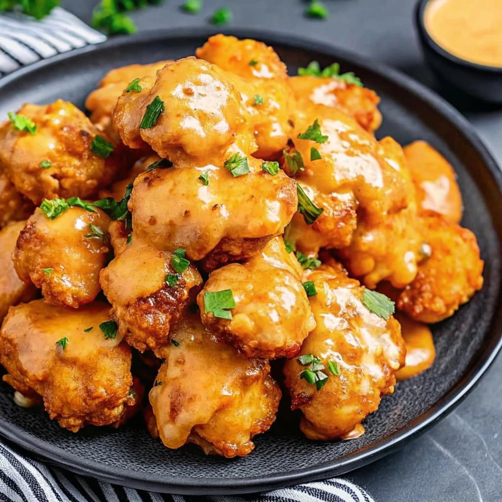 A close-up of crispy golden Bang Bang chicken tenders coated in a creamy white and red sauce, garnished with parsley, on a dark plate.