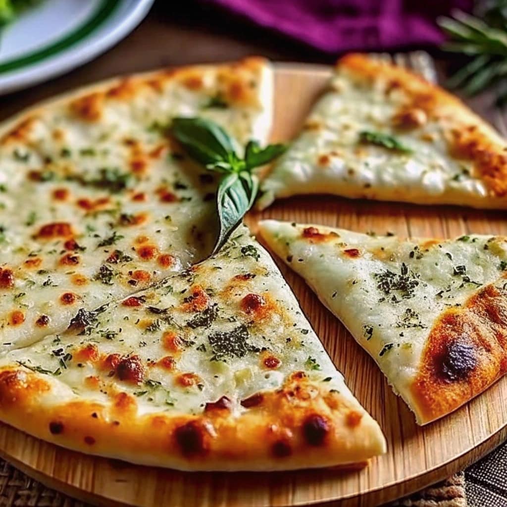 A freshly baked homemade pizza with melted mozzarella cheese, golden crust, fresh basil leaves, and glossy garlic oil.
