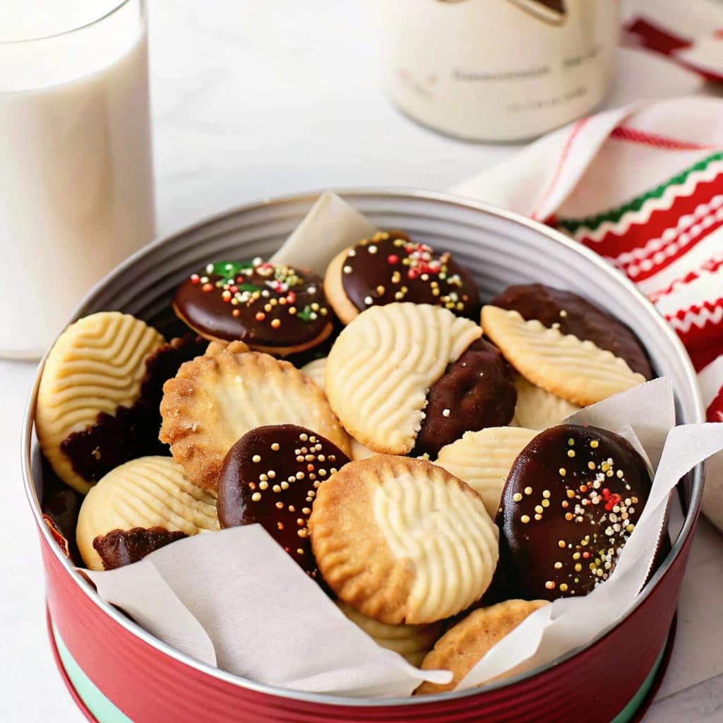 A festive assortment of chocolate dipped butter cookies with holiday sprinkles on a wooden board.