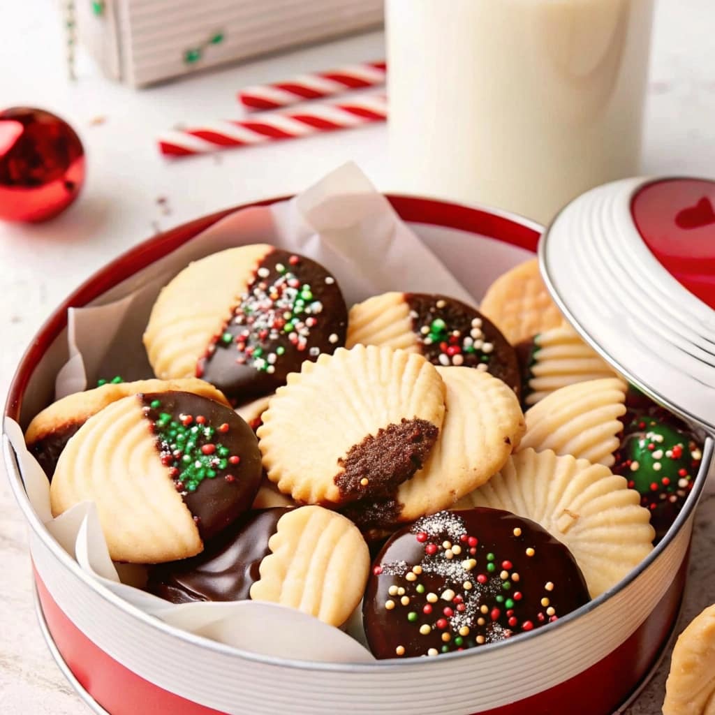 A festive assortment of chocolate dipped butter cookies with holiday sprinkles on a wooden board.