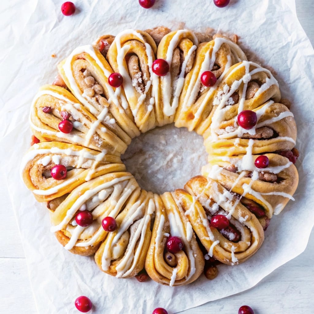 A golden brown homemade cinnamon roll wreath drizzled with white vanilla icing on a rustic wooden table.
