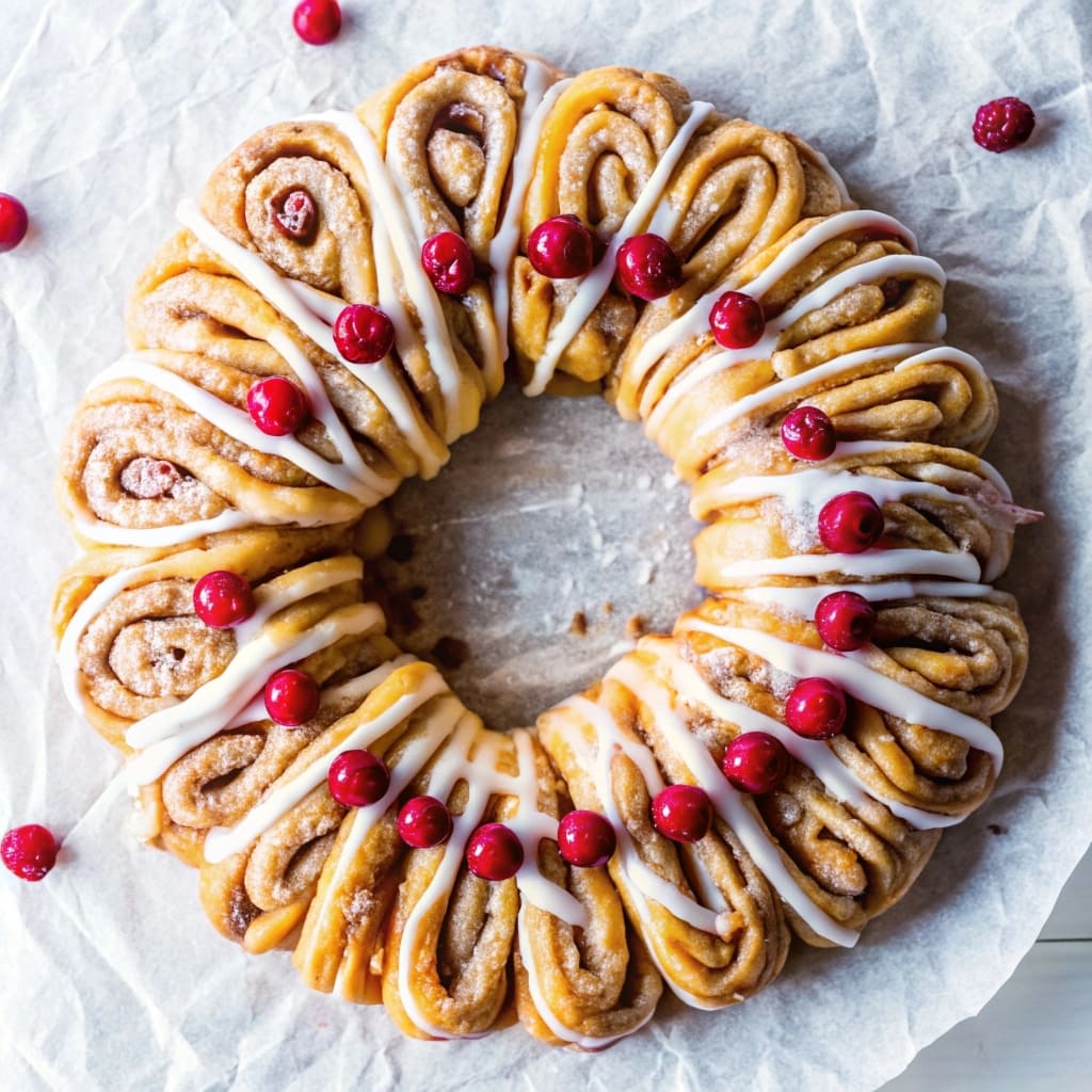 A golden brown homemade cinnamon roll wreath drizzled with white vanilla icing on a rustic wooden table.
