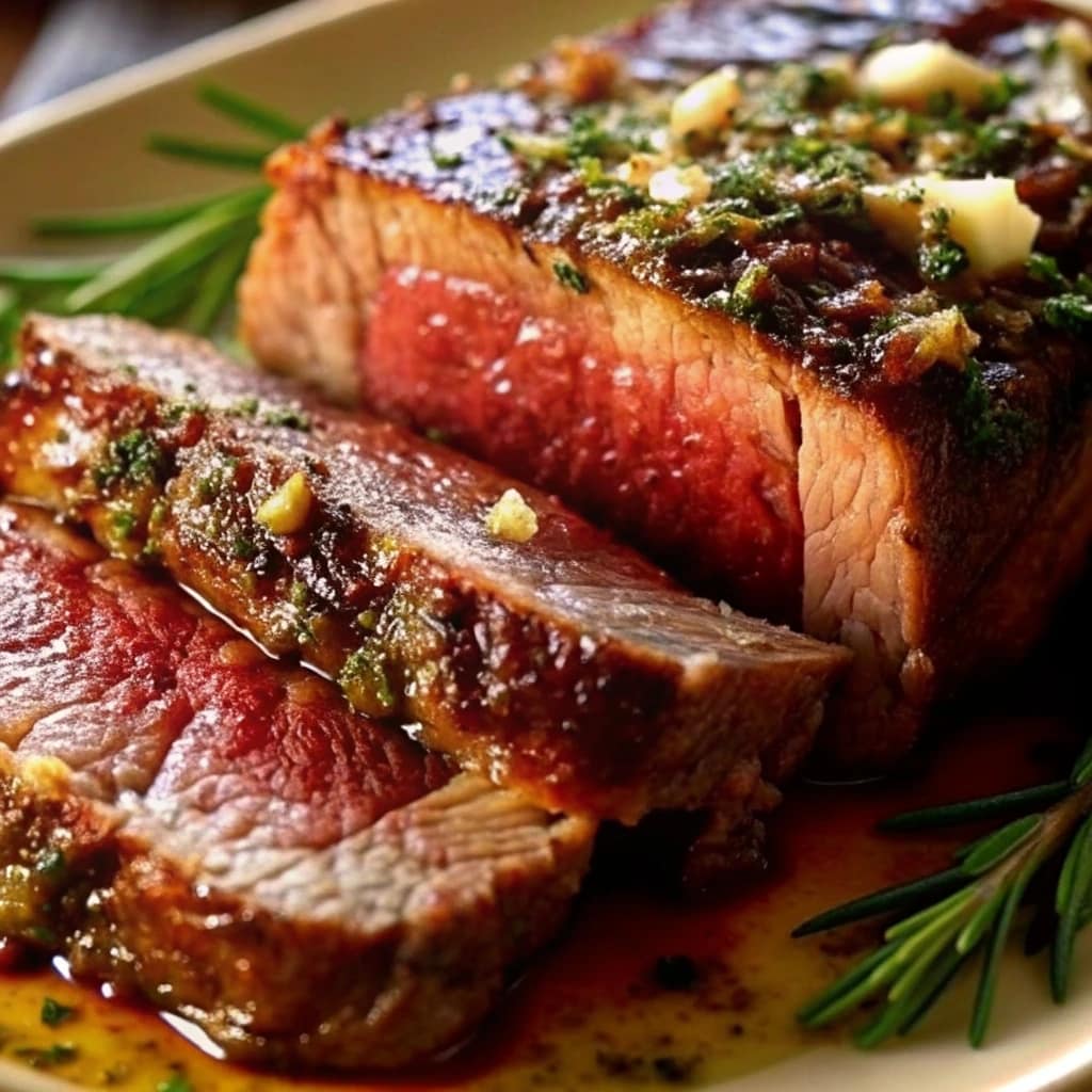 A slice of fall-off-the-bone tender roast beef on a cutting board, coated in a garlic and herb crust, next to fresh rosemary.