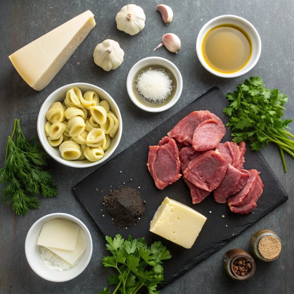 Ingredients needed for easy cracked garlic steak tortellini