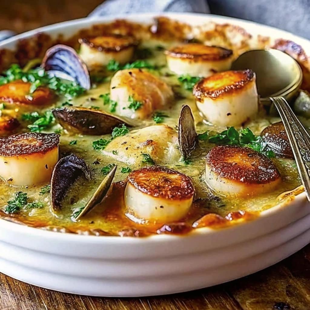 Gourmet seafood cassolette in a white ceramic dish, featuring golden seared scallops and mushrooms in a creamy sauce, garnished with fresh parsley.