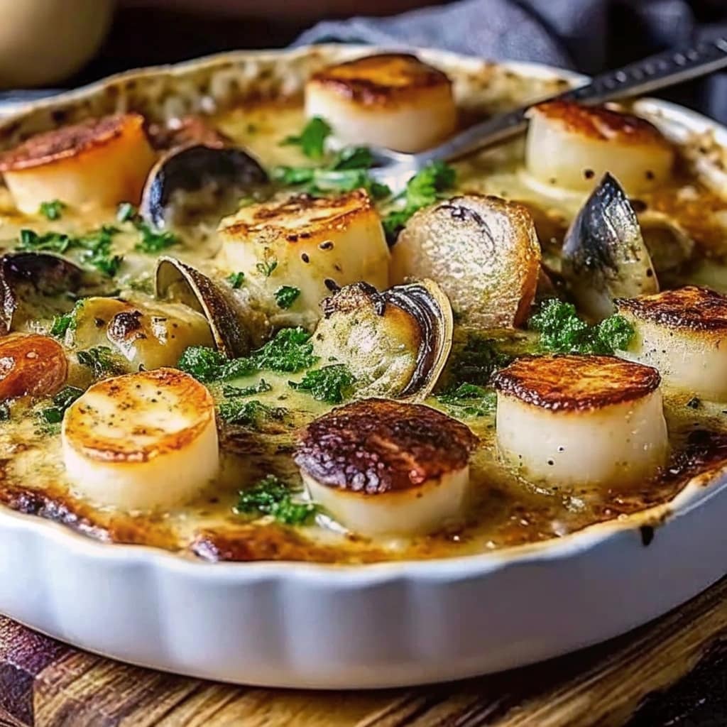 Gourmet seafood cassolette in a white ceramic dish, featuring golden seared scallops and mushrooms in a creamy sauce, garnished with fresh parsley.