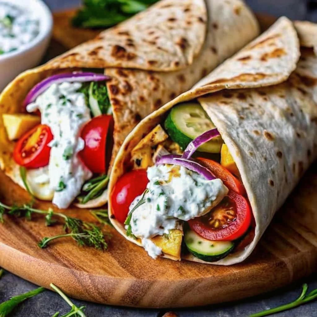 A roasted vegetable wrap sliced in half on a wooden board, showing colorful fillings.