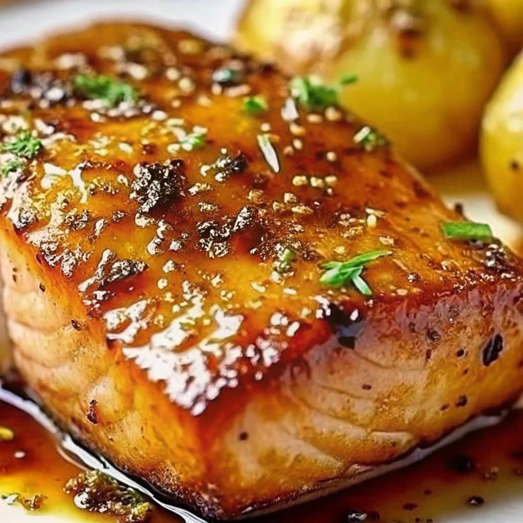 Pan-seared salmon fillets with a shiny brown sugar glaze, garnished with lemon wedges and fresh parsley.