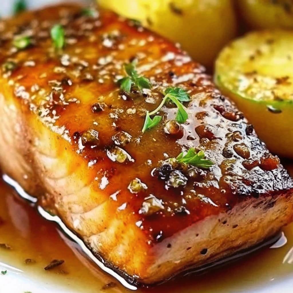 Pan-seared salmon fillets with a shiny brown sugar glaze, garnished with lemon wedges and fresh parsley.