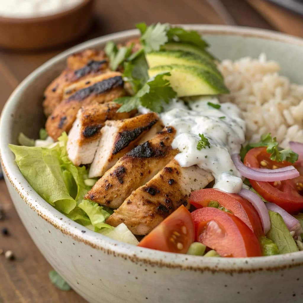 Vibrant Greek Chicken Bowl with lemon-oregano chicken, rice, cherry tomatoes, cucumber, red onion, Kalamata olives, feta cheese, and tzatziki sauce.