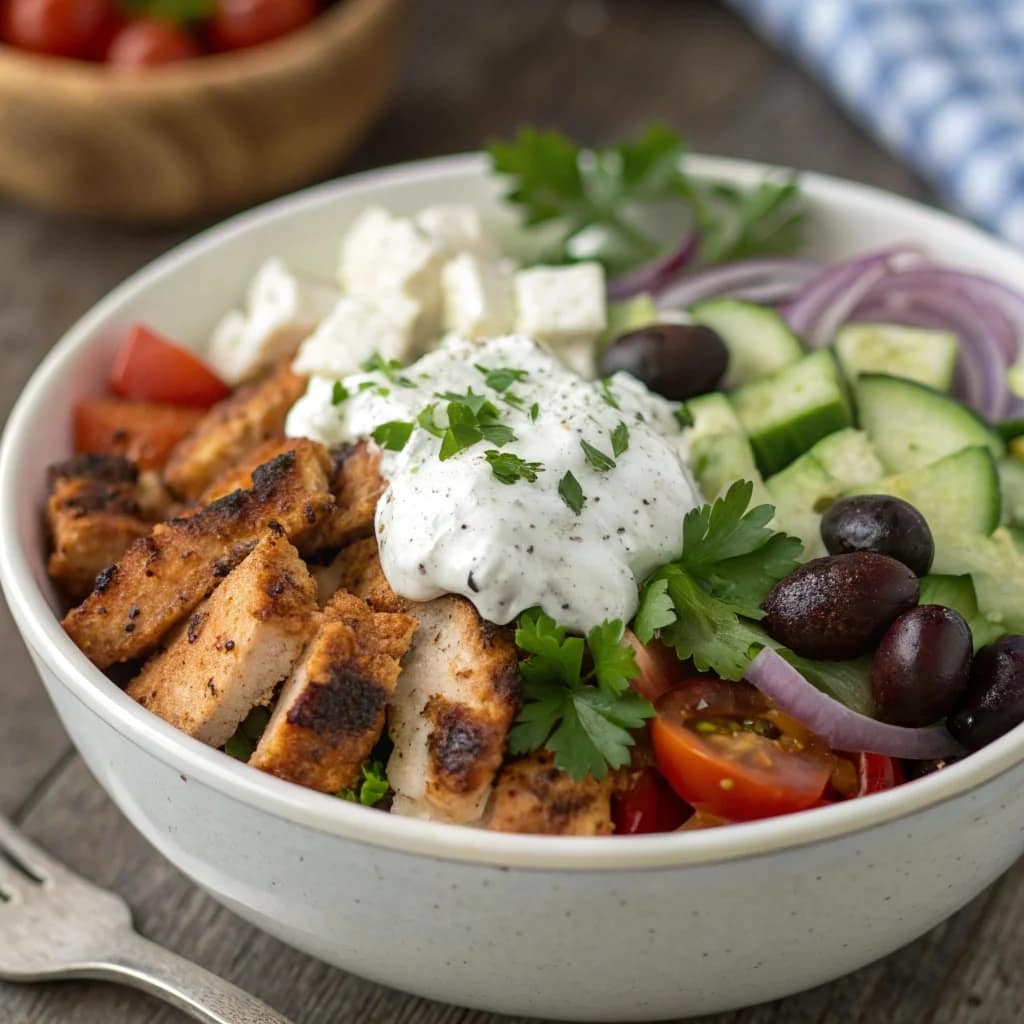 Vibrant Greek Chicken Bowl with lemon-oregano chicken, rice, cherry tomatoes, cucumber, red onion, Kalamata olives, feta cheese, and tzatziki sauce.