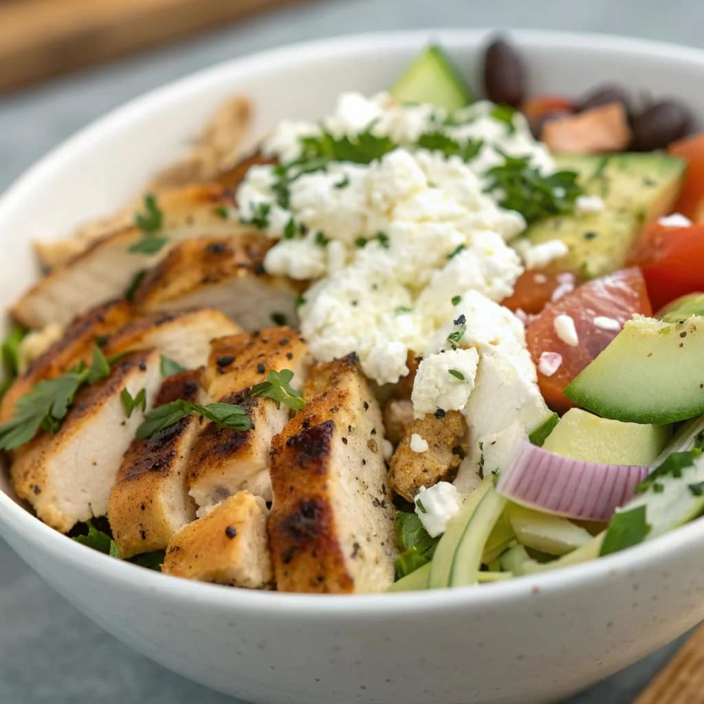 Vibrant Greek Chicken Bowl with lemon-oregano chicken, rice, cherry tomatoes, cucumber, red onion, Kalamata olives, feta cheese, and tzatziki sauce.