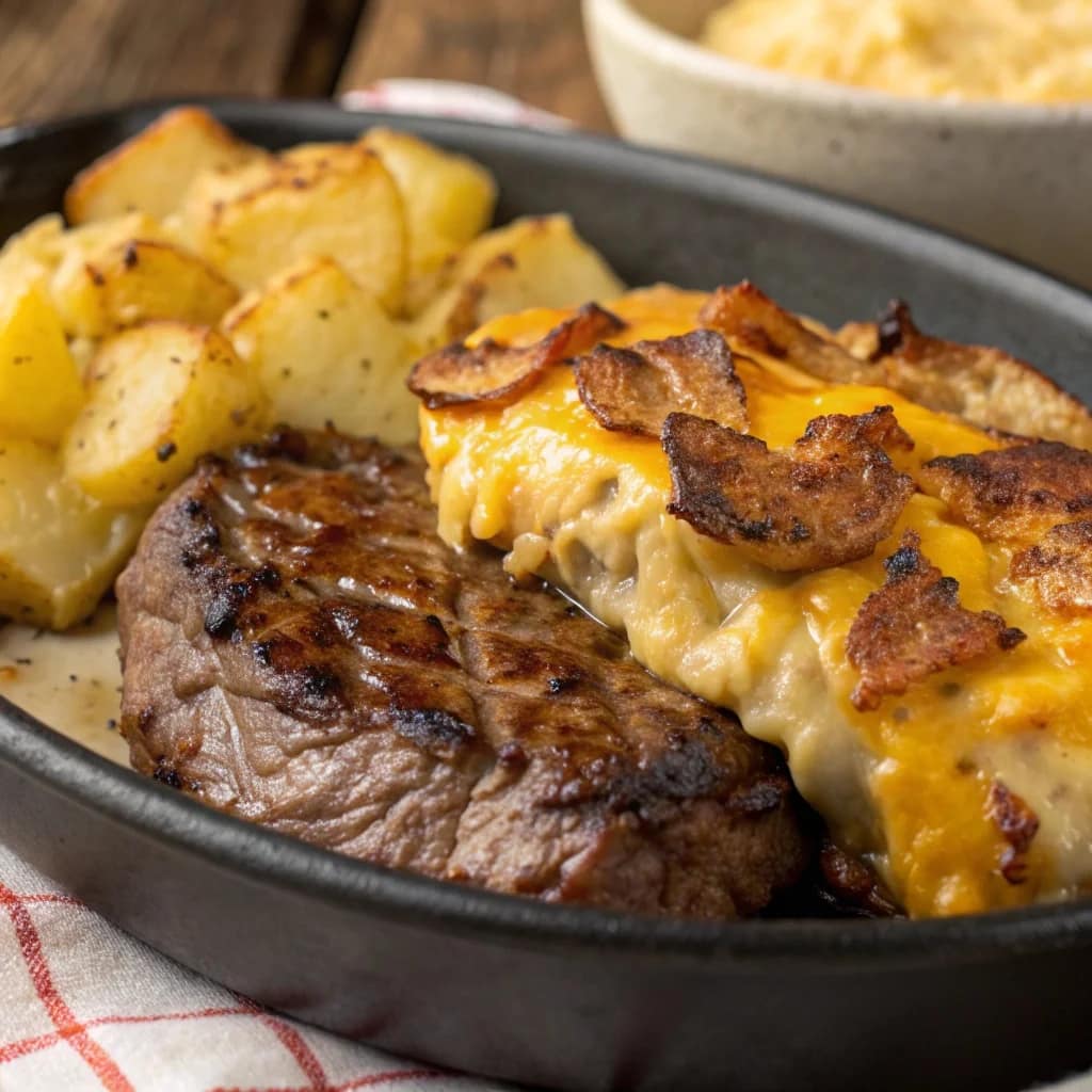 Easy homemade garlic butter steak and cheddar potato bake – juicy, flavorful, and perfectly cooked