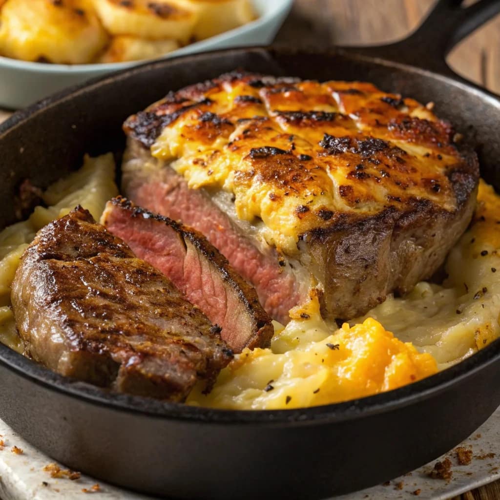 Easy homemade garlic butter steak and cheddar potato bake – juicy, flavorful, and perfectly cooked