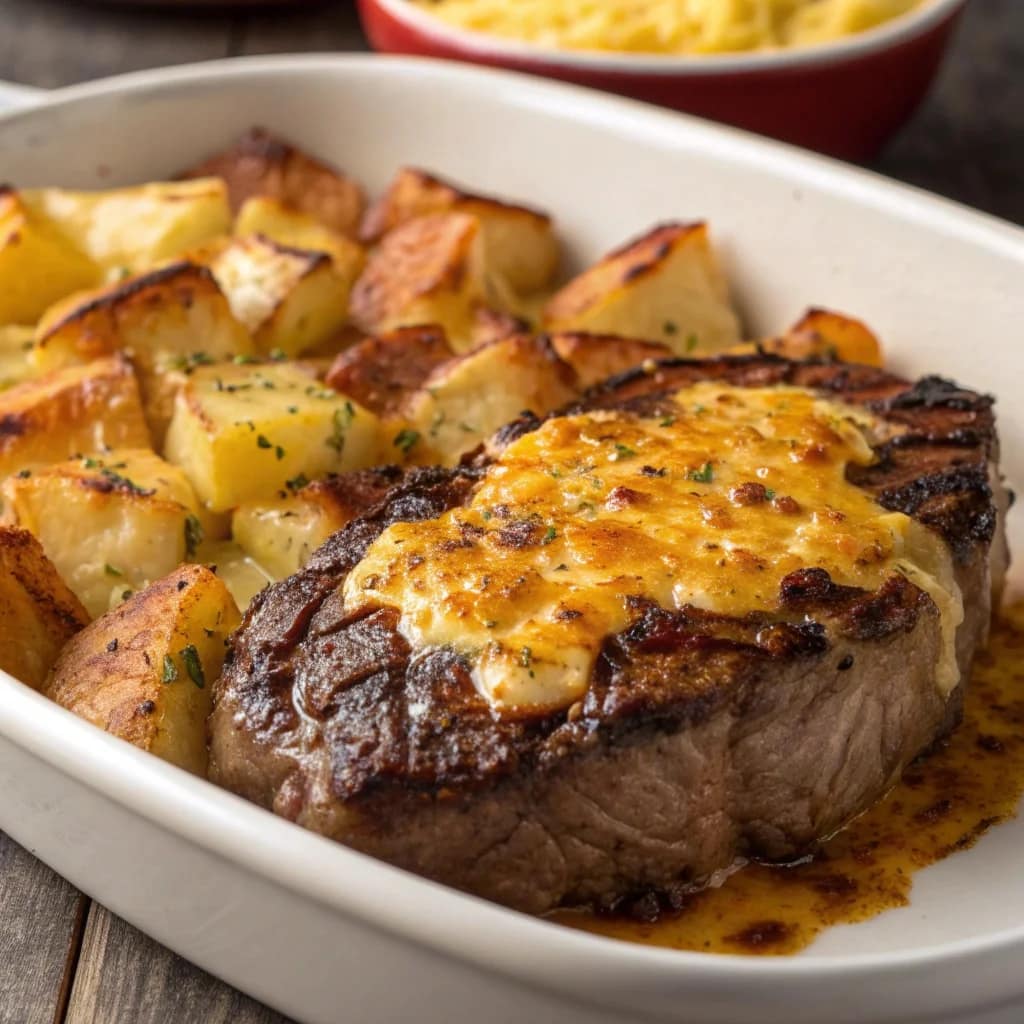 Easy homemade garlic butter steak and cheddar potato bake – juicy, flavorful, and perfectly cooked