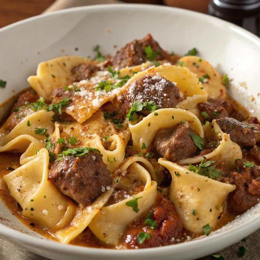 Easy cracked garlic steak tortellini in creamy sauce – a rich and flavorful dinner