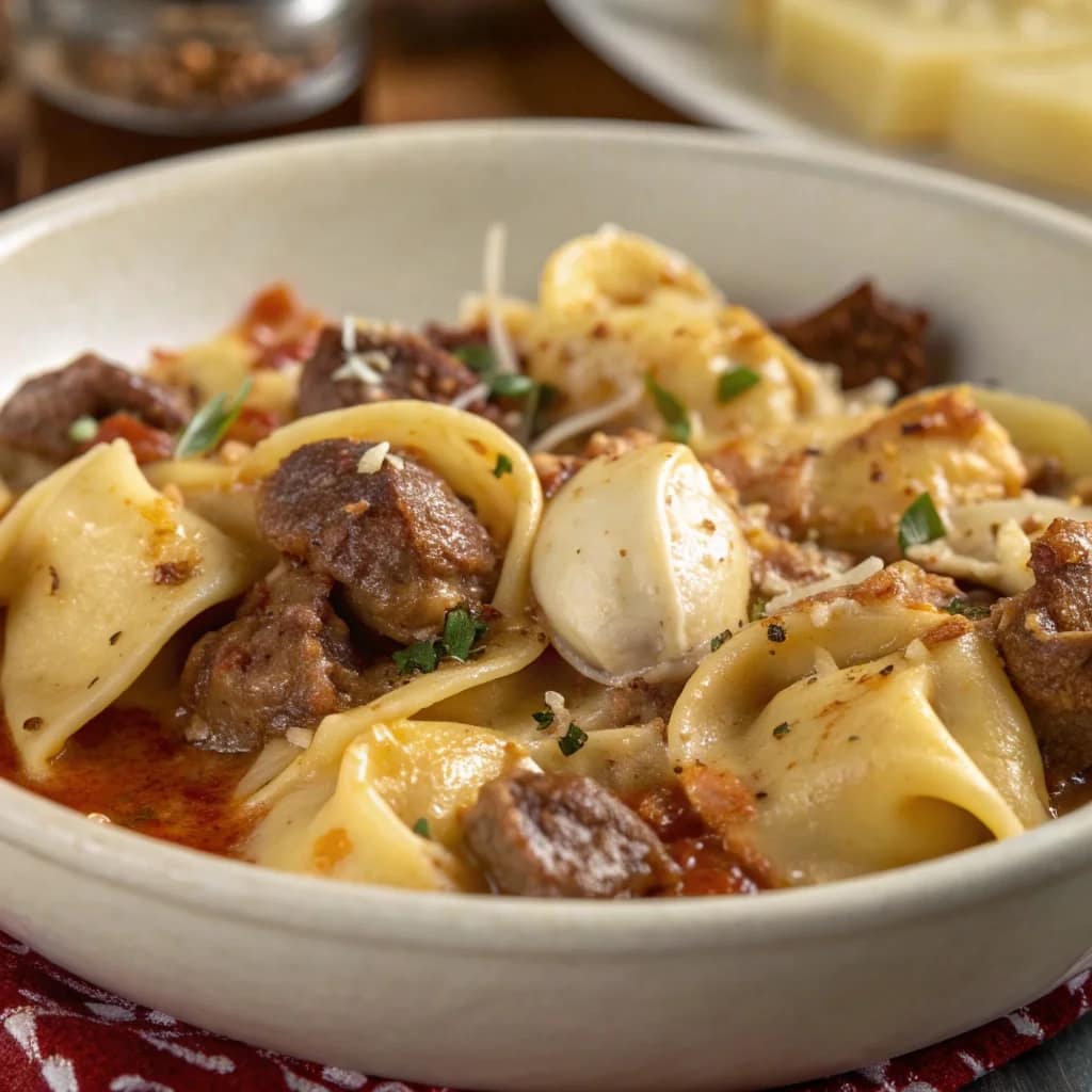 Easy cracked garlic steak tortellini in creamy sauce – a rich and flavorful dinner