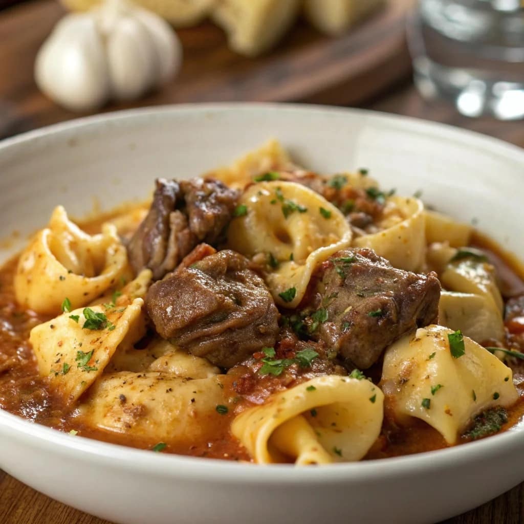 Easy cracked garlic steak tortellini in creamy sauce – a rich and flavorful dinner