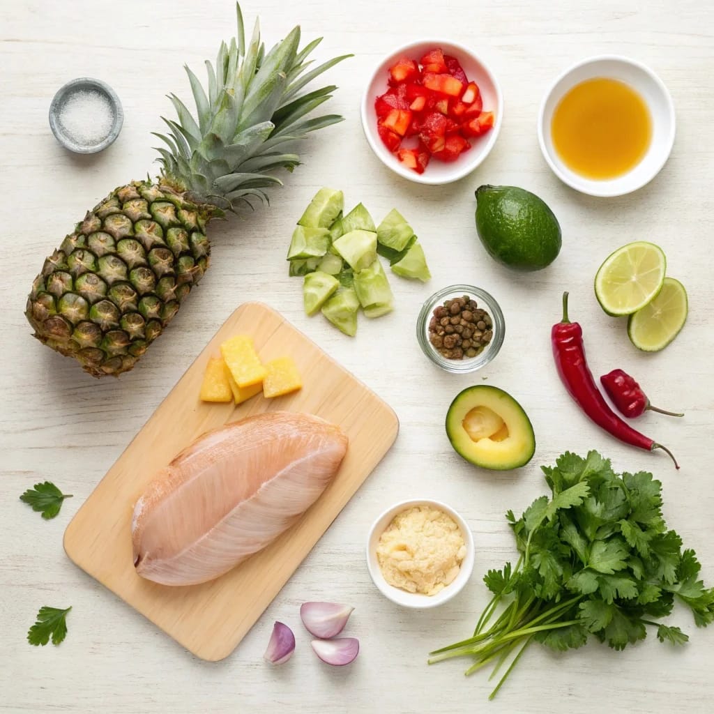 Ingredients for pineapple chicken tacos on wood surface