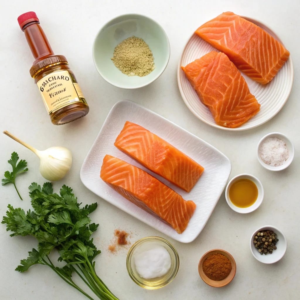 Ingredients needed for easy hot honey salmon bites