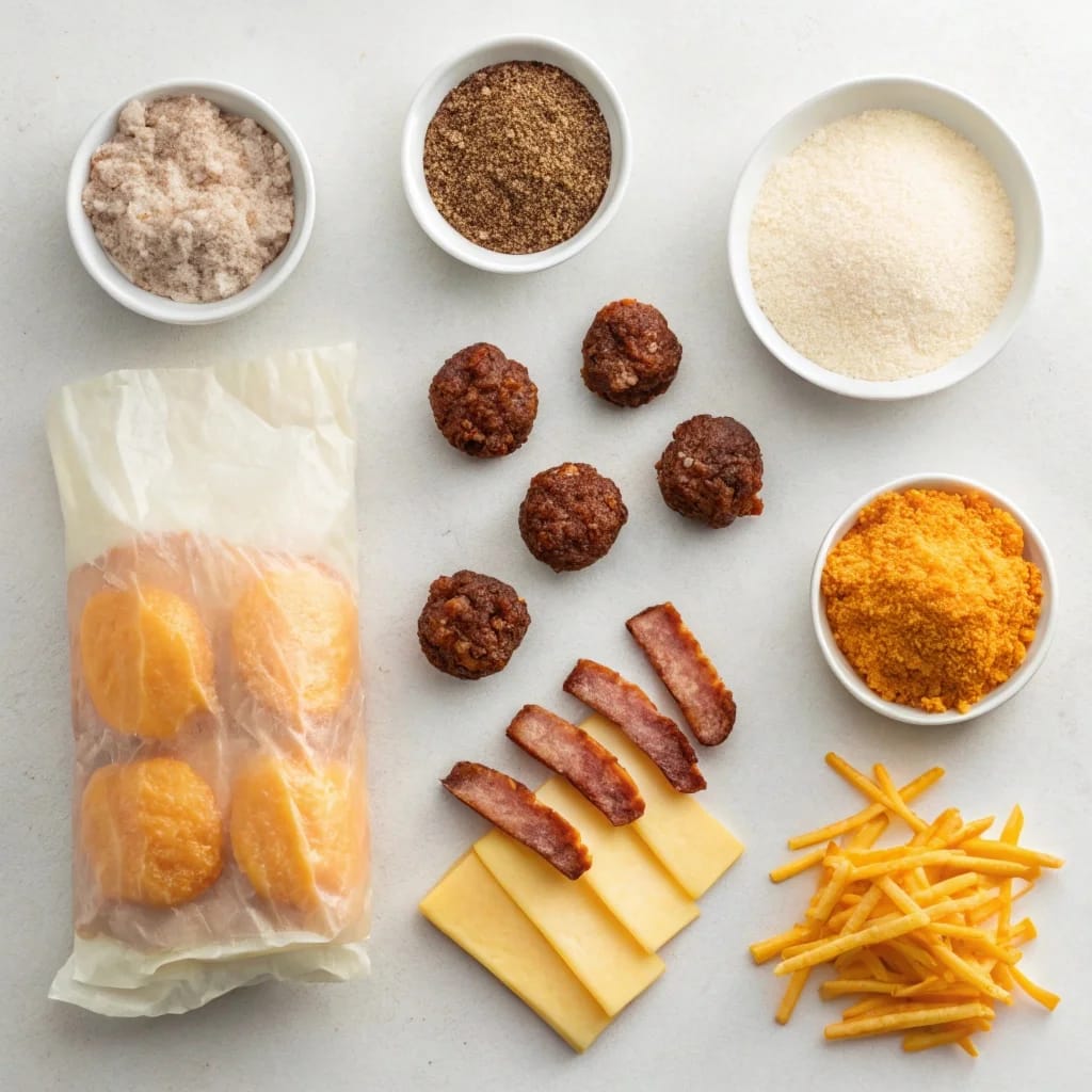 Ingredients needed for easy mini bacon cheeseburger bites