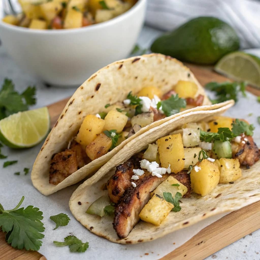 Easy homemade pineapple chicken tacos with avocado and cilantro
