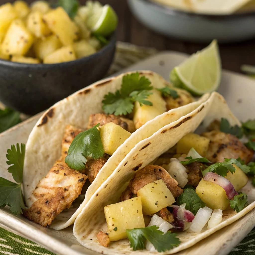 Easy homemade pineapple chicken tacos with avocado and cilantro