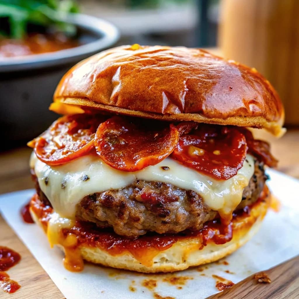 Easy homemade pizza burgers – cheesy, saucy, pepperoni-topped