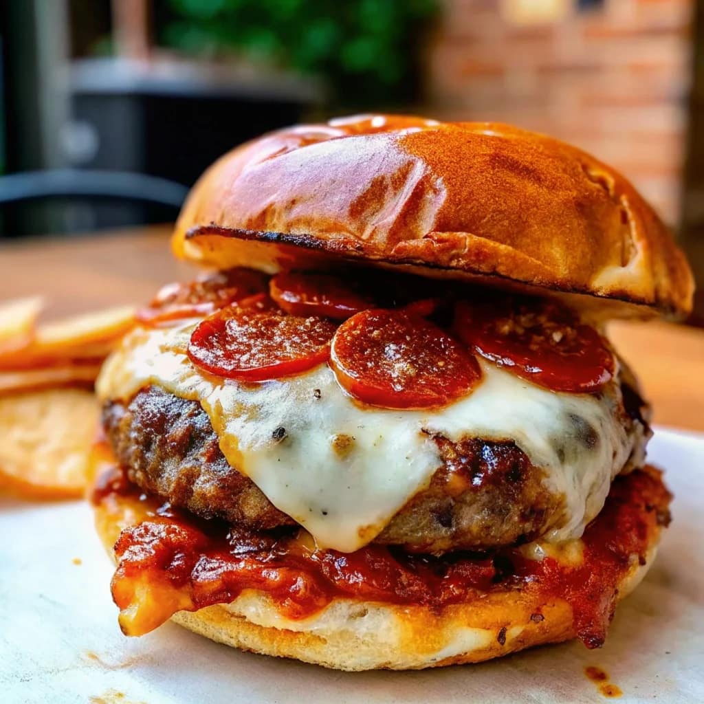 Easy homemade pizza burgers – cheesy, saucy, pepperoni-topped