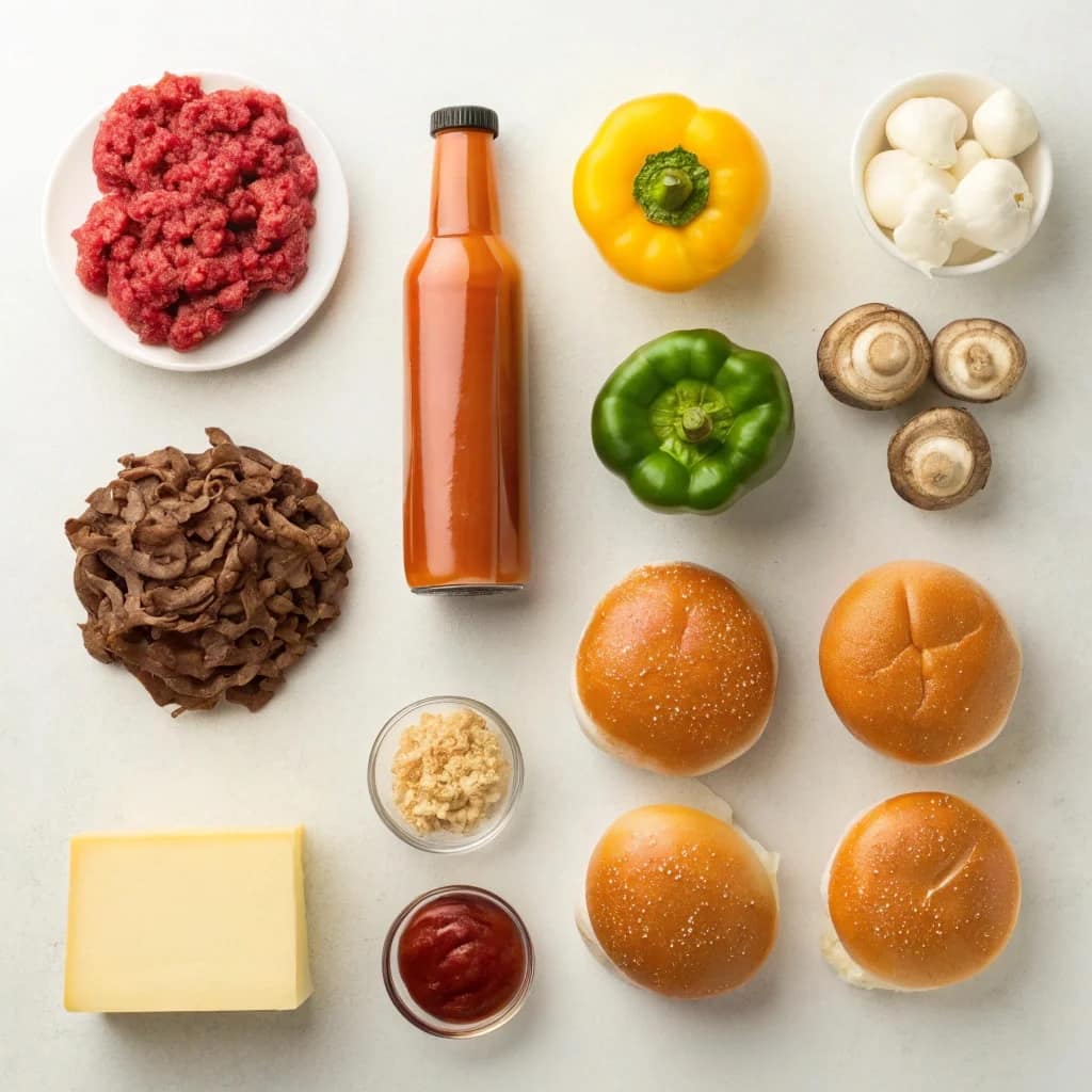 Ingredients for easy Philly cheesesteak sloppy joes