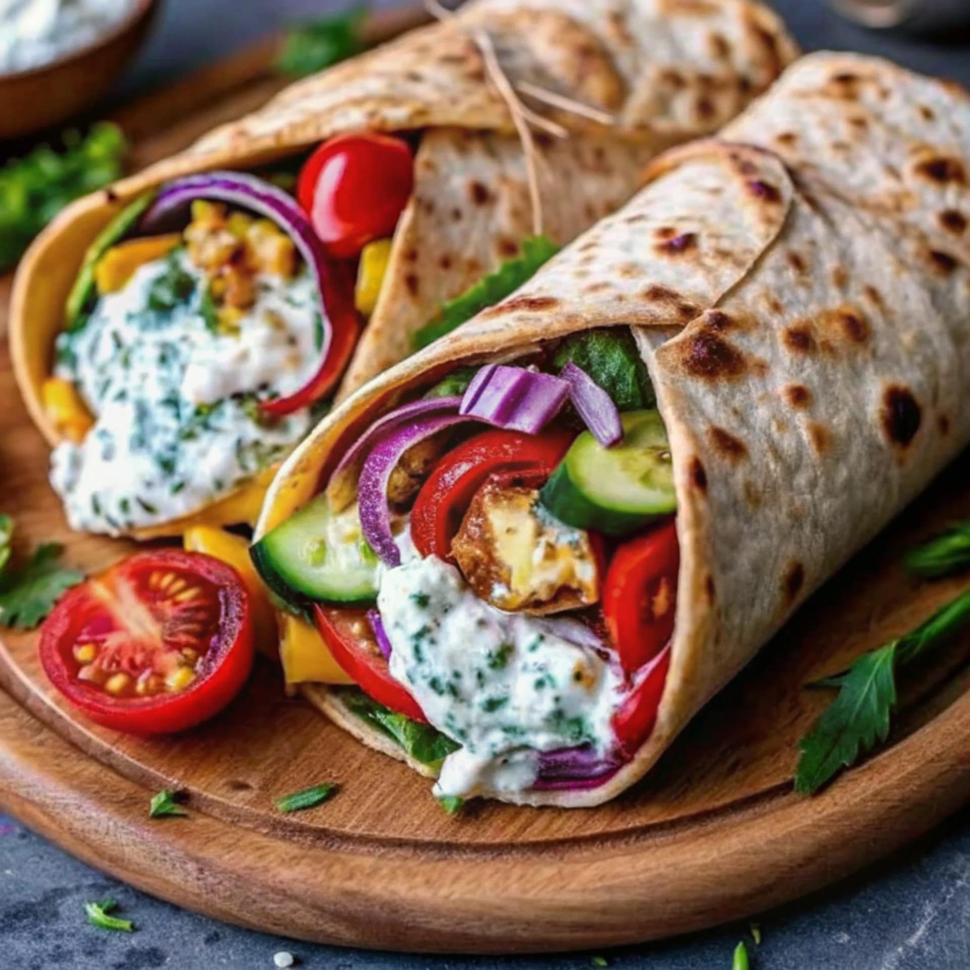 A roasted vegetable wrap sliced in half on a wooden board, showing colorful fillings.