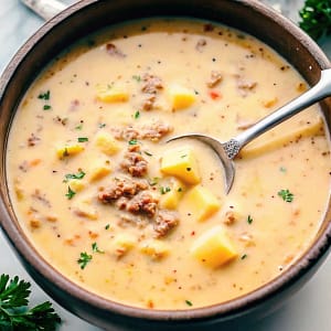 A bowl of creamy sausage and potato soup garnished with chopped chives, showing browned sausage pieces, potato chunks, and smooth broth — warm and inviting.