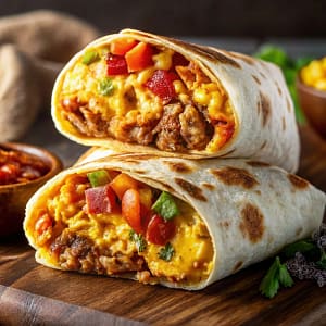A golden-brown cowboy breakfast burrito on a plate, sliced in half to show the filling of sausage, eggs, potatoes, and cheese.