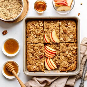 A square of warm apple cinnamon baked oatmeal in a bowl, topped with yogurt and apple slices.