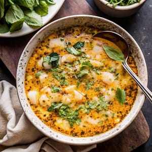 A bowl of creamy gnocchi chicken soup with carrots, spinach, and sun-dried tomatoes, topped with Parmesan.